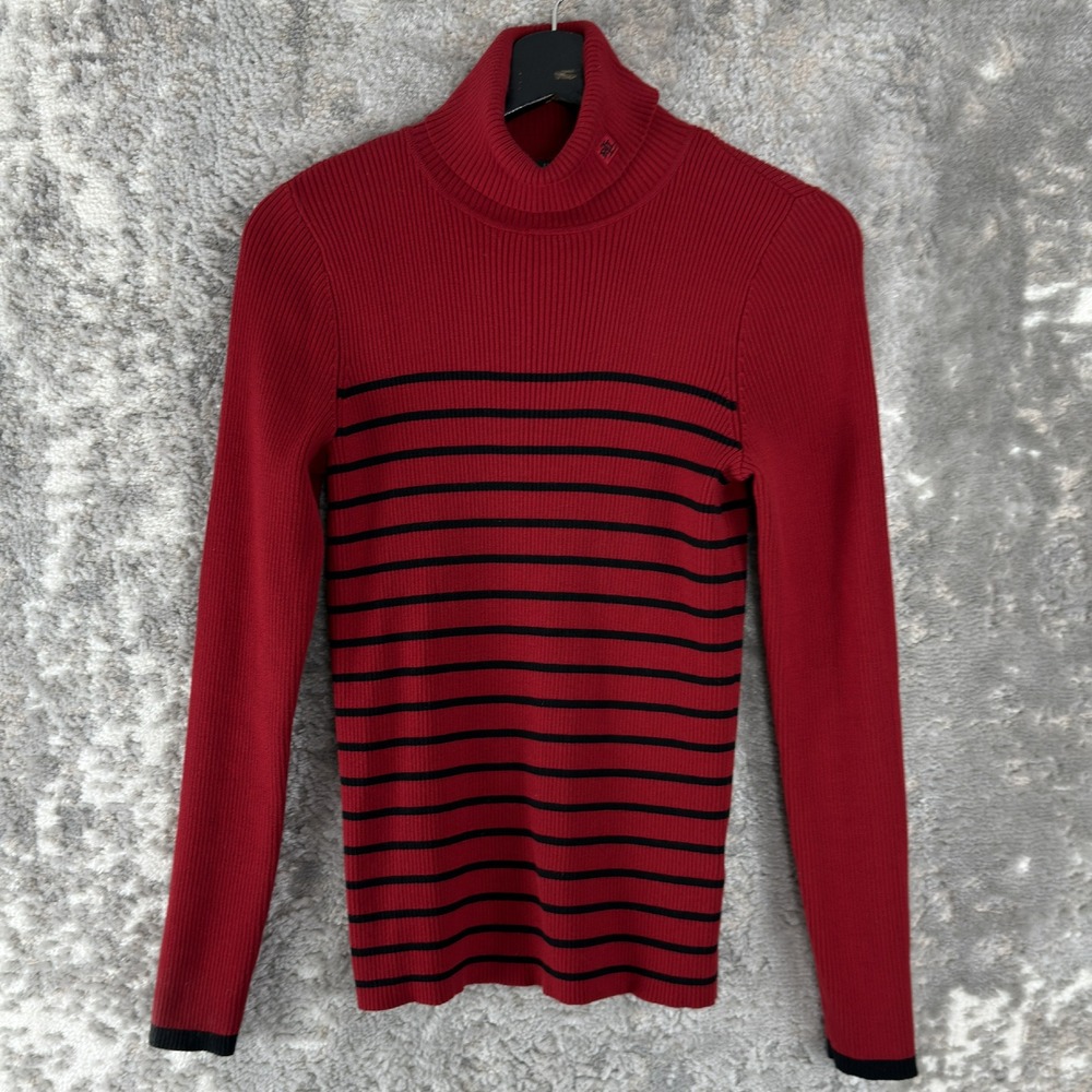 Lauren Ralph Lauren Size M Striped Ribbed Turtleneck Sweater Red Long Sleeve
